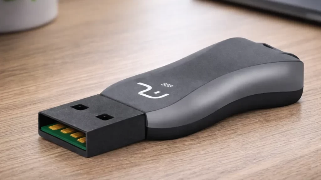 Pendrive Multilaser Titan USB 2.0 preto sobre mesa de trabalho com notebook ao fundo, modelo econômico para uso básico
