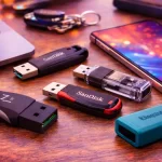 Pendrives USB de diferentes marcas sobre a mesa