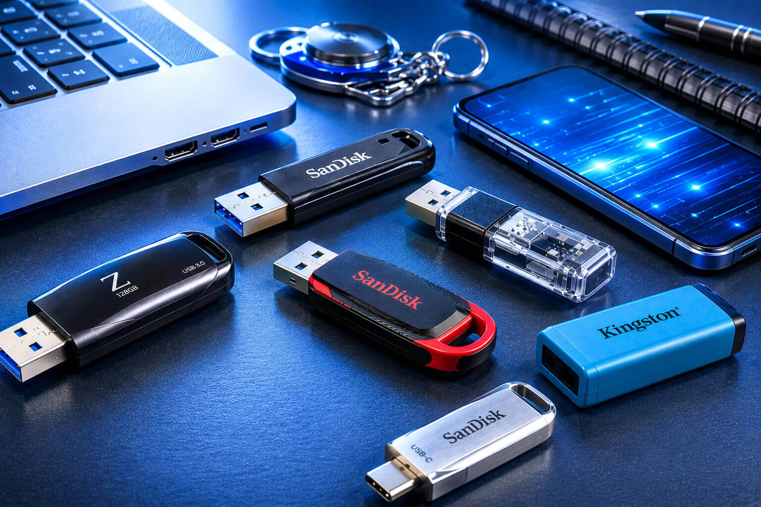 Melhor pendrive de 2026 com modelos USB modernos sobre mesa tecnológica