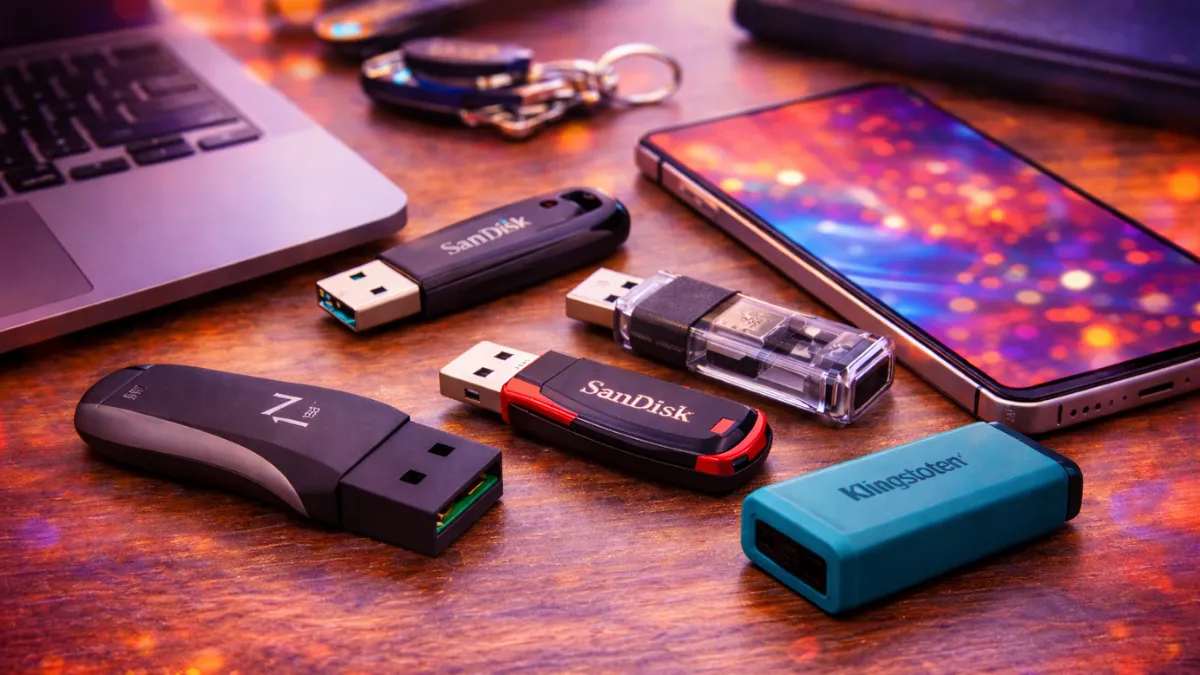 Pendrives USB de diferentes marcas sobre a mesa