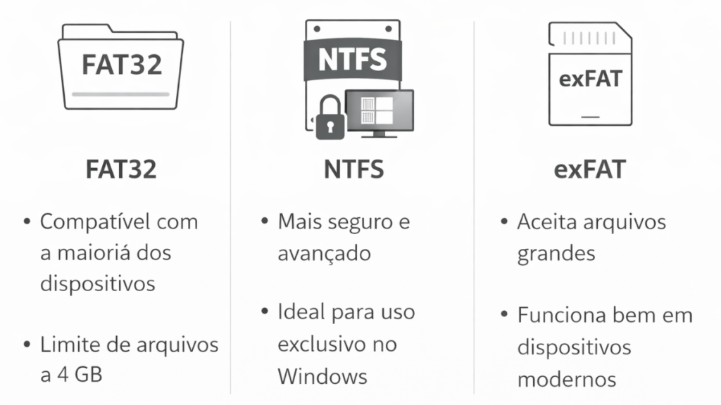 "Comparação entre sistemas de arquivos FAT32, NTFS e exFAT para formatar pendrive"