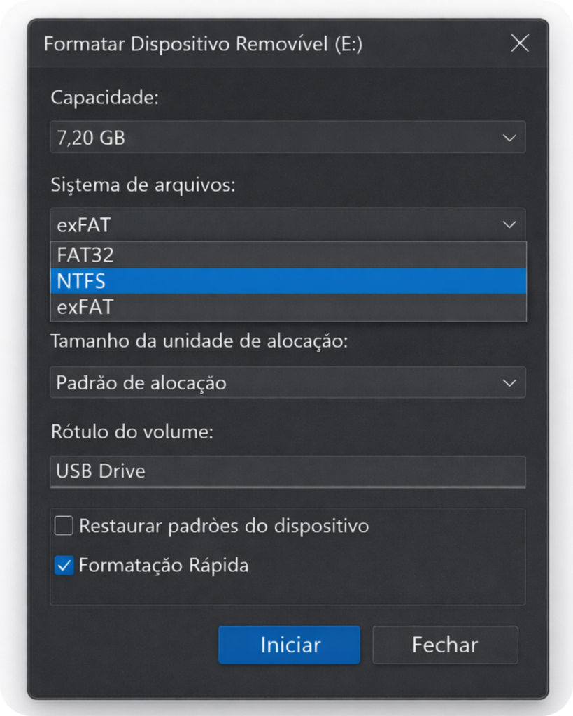 Janela de formatação de pendrive no Windows com opções FAT32, NTFS e exFAT