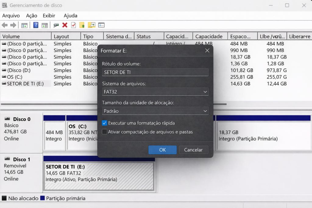 Tela do Gerenciamento de Disco do Windows mostrando a janela de formatação de um pendrive em FAT32, com opção de formatação rápida ativada.