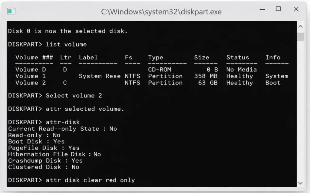 Tela do Prompt de Comando do Windows mostrando o uso do DiskPart para remover proteção contra gravação em pen drive