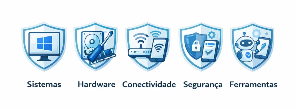 ícones representando sistemas, hardware, conectividade e segurança no Cyberideias