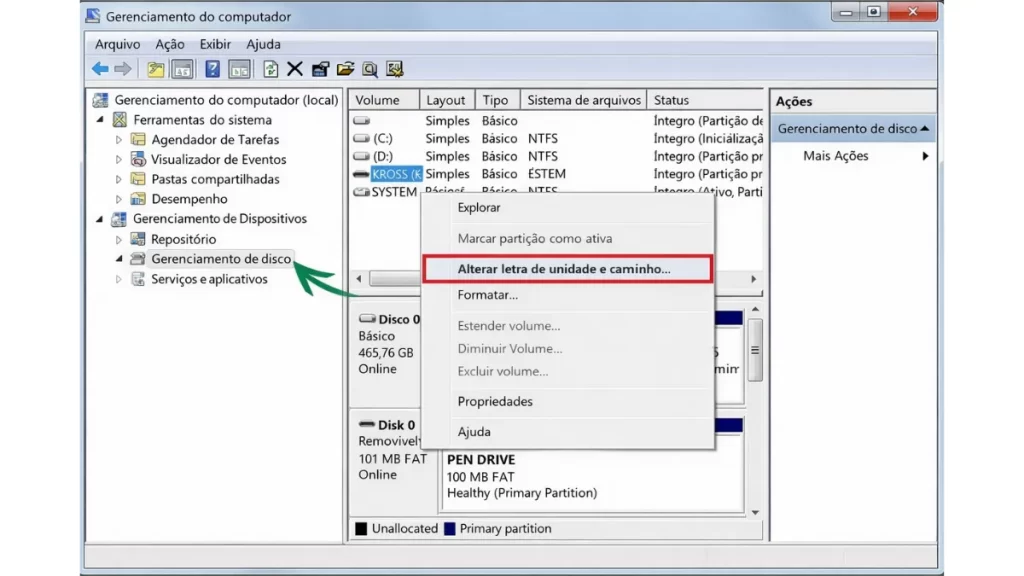como mudar letra de unidade do pendrive no gerenciamento de disco
