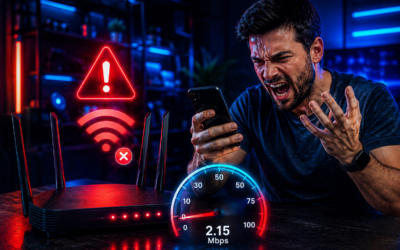 Homem frustrado com Wi-Fi lento ao lado de roteador com falha
