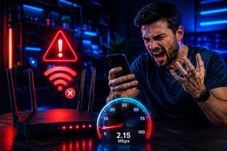 Homem frustrado com Wi-Fi lento ao lado de roteador com falha