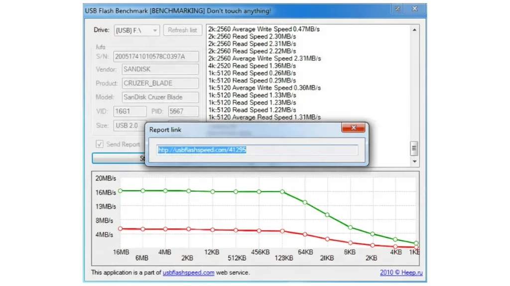 Teste de velocidade de pendrive com USB Flash Benchmark mostrando leitura e gravação