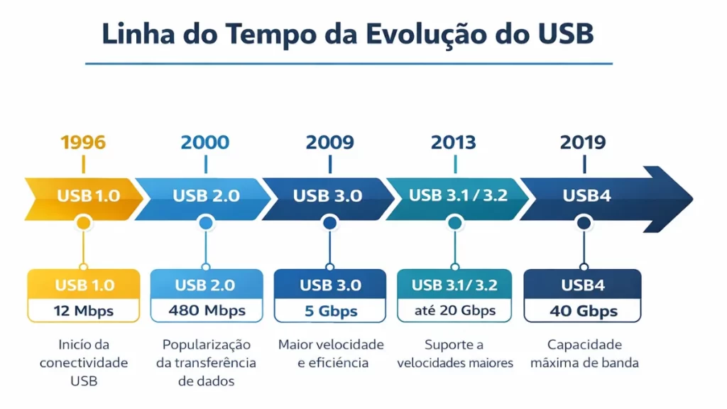 Linha do tempo mostrando as versões USB 2.0, 3.0, 3.1, 3.2 e USB4 com velocidades e avanços técnicos