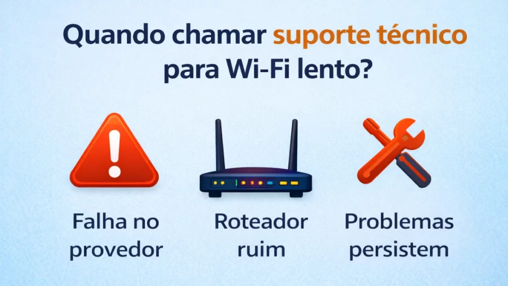 Ícones representando falha de provedor, roteador antigo e problemas persistentes com Wi-Fi lento