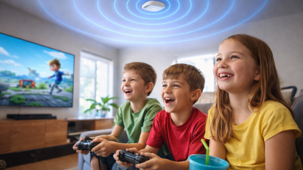 Crianças assistindo TV e jogando videogame com Wi-Fi forte e bem distribuído em sala residencial
