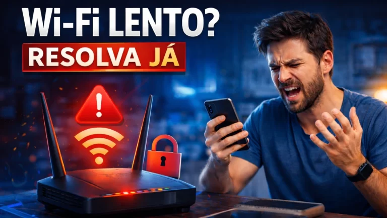 Homem frustrado com Wi-Fi lento ao lado de roteador com falha