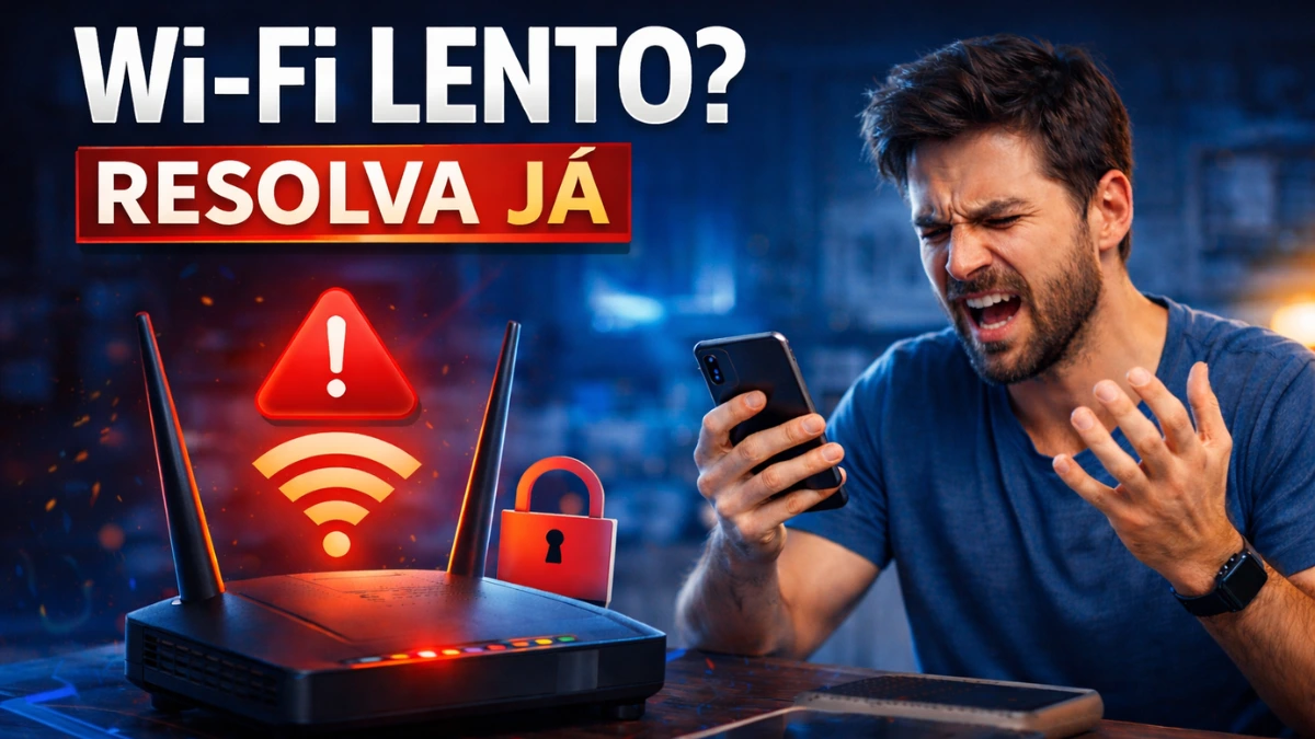Homem frustrado com Wi-Fi lento ao lado de roteador com falha