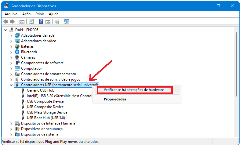 Gerenciador de Dispositivos do Windows com a opção “Verificar se há alterações de hardware” destacada para solucionar o problema de pen drive não abre.