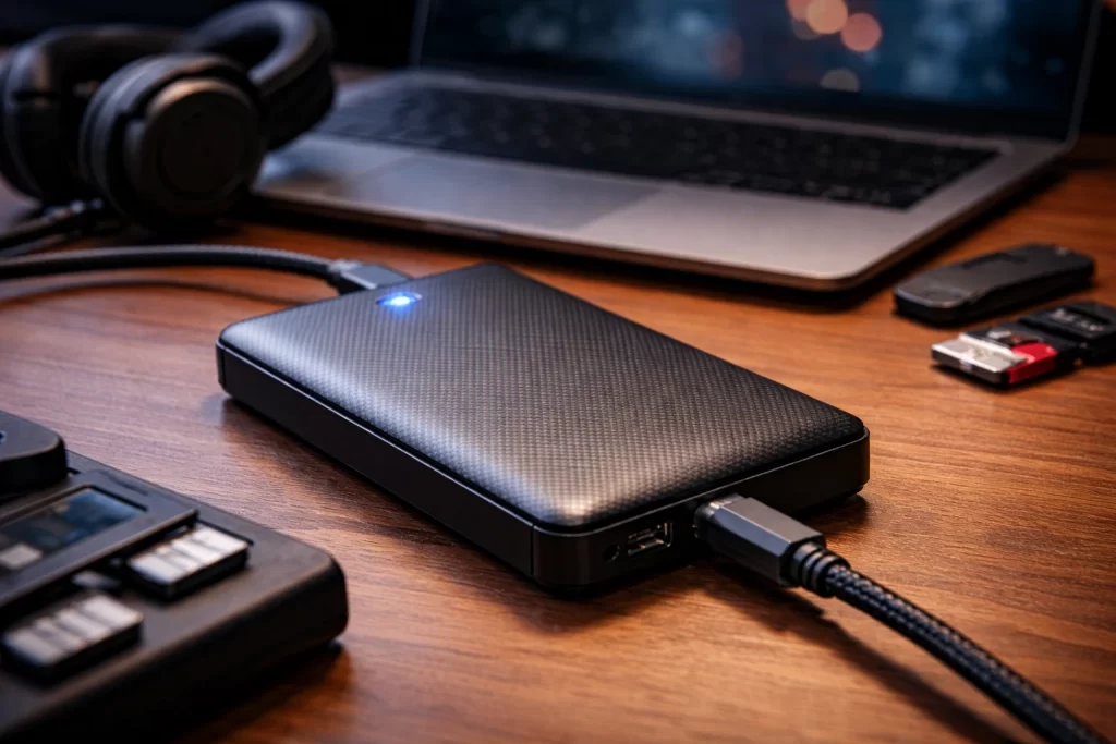 HD externo portátil em close-up, armazenamento seguro para backup e proteger arquivos