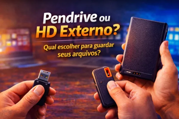 Pendrive ou HD externo sendo comparados em imagem destacada para guardar arquivos