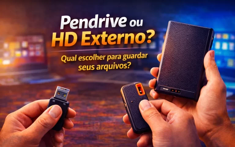 Pendrive ou HD externo sendo comparados em imagem destacada para guardar arquivos