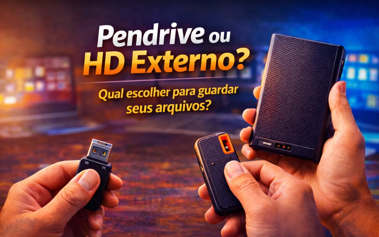Pendrive ou HD externo sendo comparados em imagem destacada para guardar arquivos