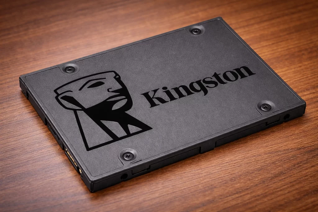 SSD SATA em close-up sobre mesa de madeira – armazenamento rápido e confiável