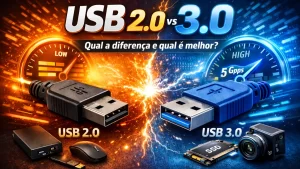 Comparação USB 2.0 vs USB 3.0 com conectores e velocímetros destacando a diferença de velocidade (480 Mbps vs 5 Gbps).