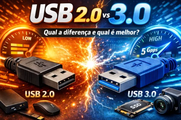 Comparação USB 2.0 vs USB 3.0 com conectores e velocímetros destacando a diferença de velocidade (480 Mbps vs 5 Gbps).
