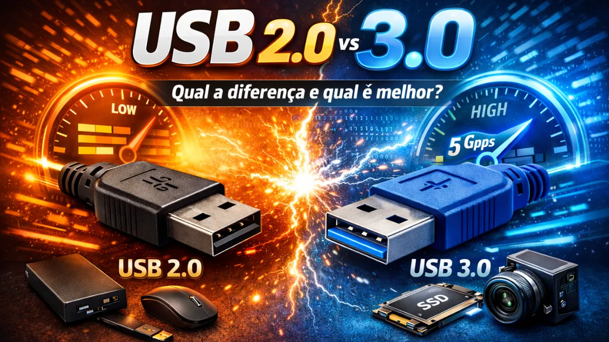 Comparação USB 2.0 vs USB 3.0 com conectores e velocímetros destacando a diferença de velocidade (480 Mbps vs 5 Gbps).