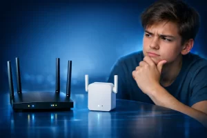 Roteador e repetidor Wi-Fi em destaque sobre mesa azul, com fundo desfocado e pessoa pensativa ao fundo