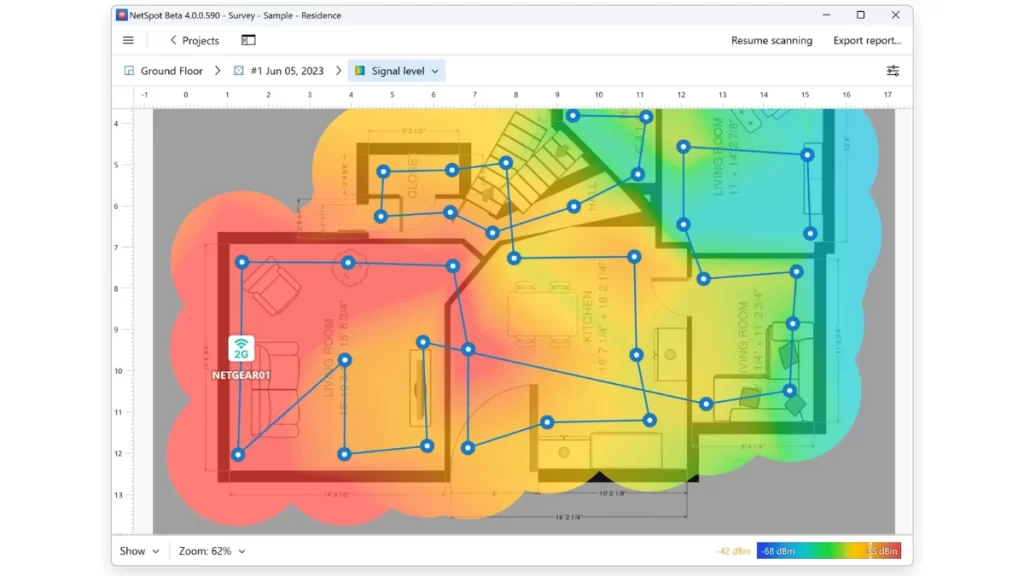 mapa de calor de sinal Wi-Fi gerado pelo NetSpot