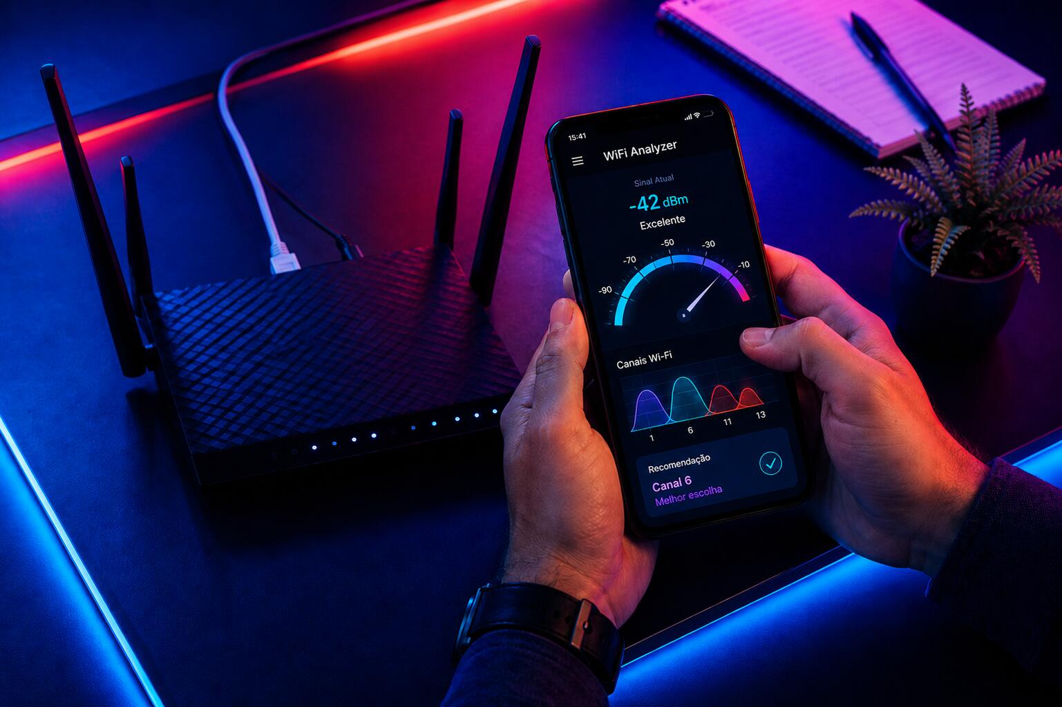 Usuário analisando o melhor canal Wi-Fi no celular com aplicativo de diagnóstico ao lado de um roteador dual band em ambiente neon.