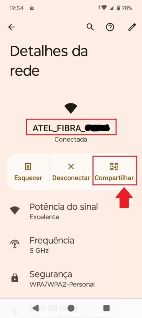 como descobrir a senha do wi fi no Android: botão Compartilhar em Detalhes da rede