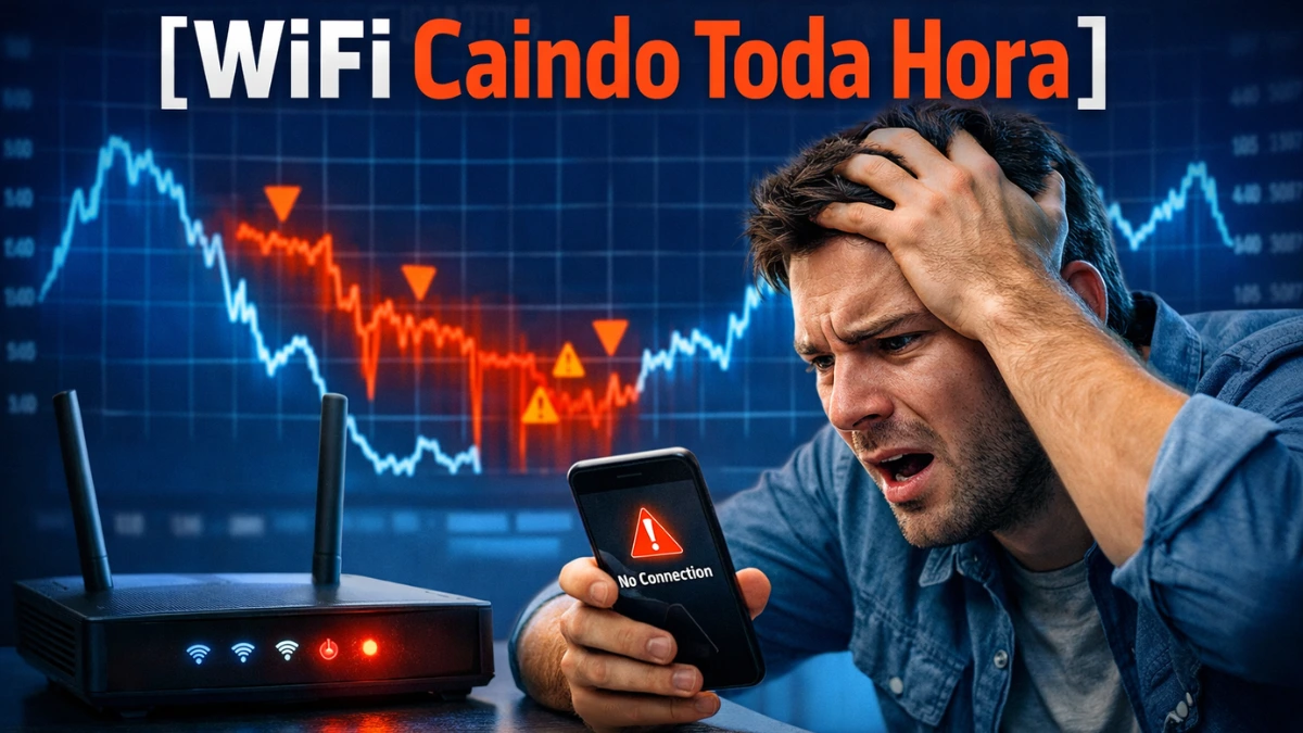 Homem frustrado tentando reconectar no celular ao lado de um roteador com LED vermelho; ao fundo, gráfico de monitoramento indica quedas recorrentes de conexão Wi-Fi.