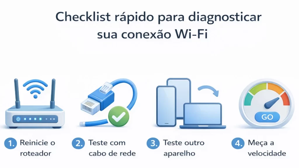Checklist visual com quatro etapas simples para diagnosticar problemas na conexão Wi-Fi: reiniciar roteador, testar cabo, testar outro dispositivo e medir velocidade