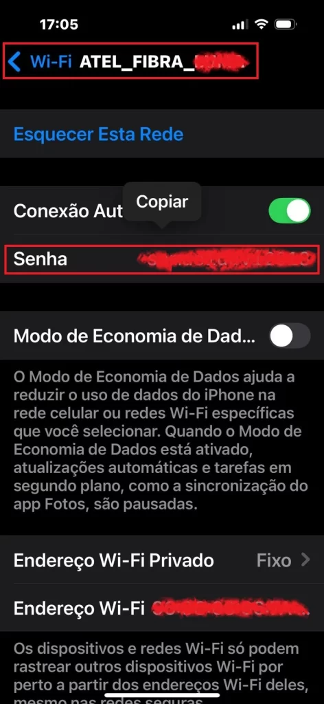 Como descobrir a senha do wi fi no iPhone: em Ajustes > Wi-Fi > (i) da rede, toque em Senha, autentique e use Copiar para copiar a senha do Wi-Fi.