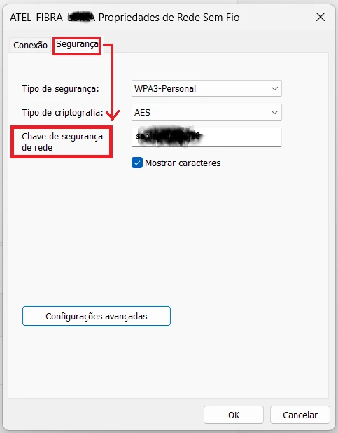 Como descobrir a senha do wi fi no Windows 11 pelo painel de Propriedades de Rede Sem Fio, na aba Segurança, marcando “Mostrar caracteres”.