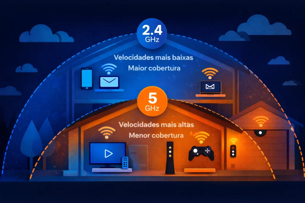 Diferença entre Wi-Fi 2.4GHz e 5GHz mostrando alcance e velocidade em uma casa