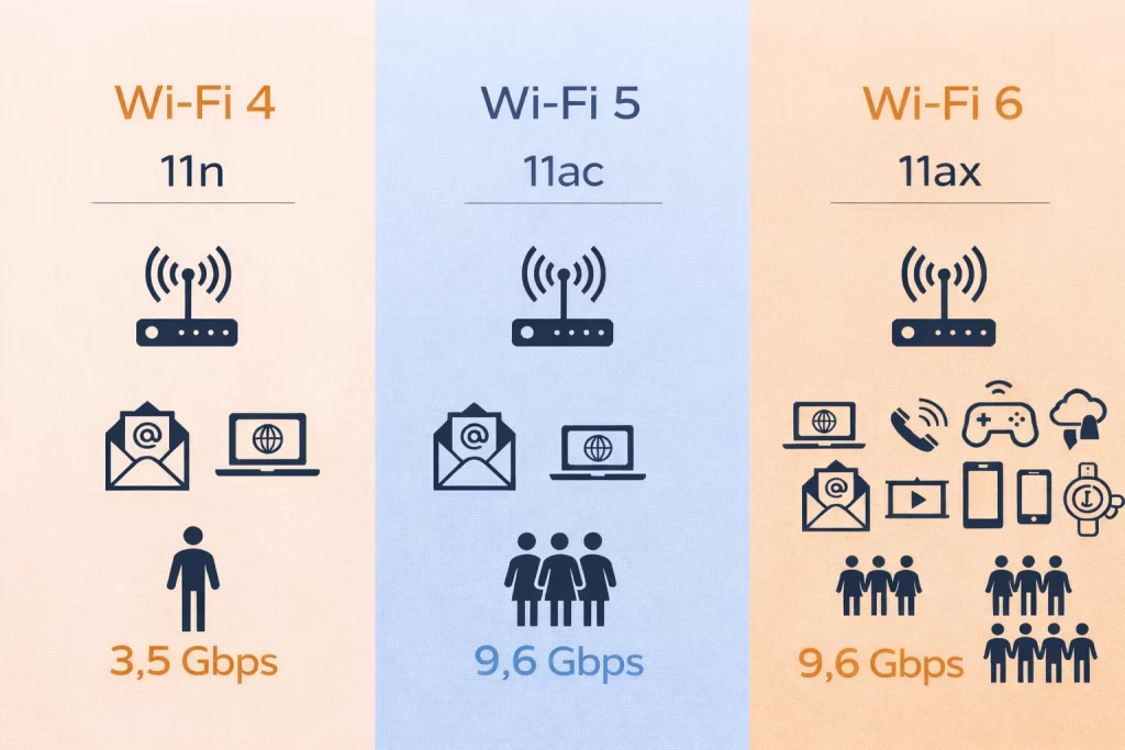 Comparação visual dos padrões Wi-Fi 4 (11n), Wi-Fi 5 (11ac) e Wi-Fi 6 (11ax) com exemplos de uso e quantidade de dispositivos conectados.