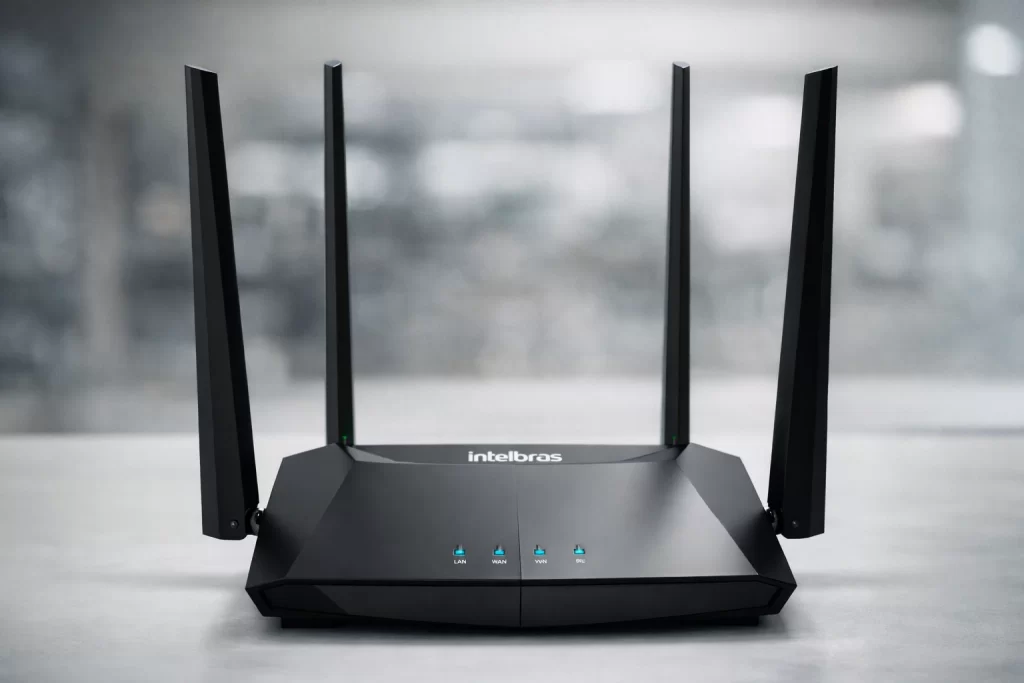 Roteador Intelbras RG 1200 com quatro antenas externas, modelo Wi-Fi 5, ideal para uso doméstico em 2026