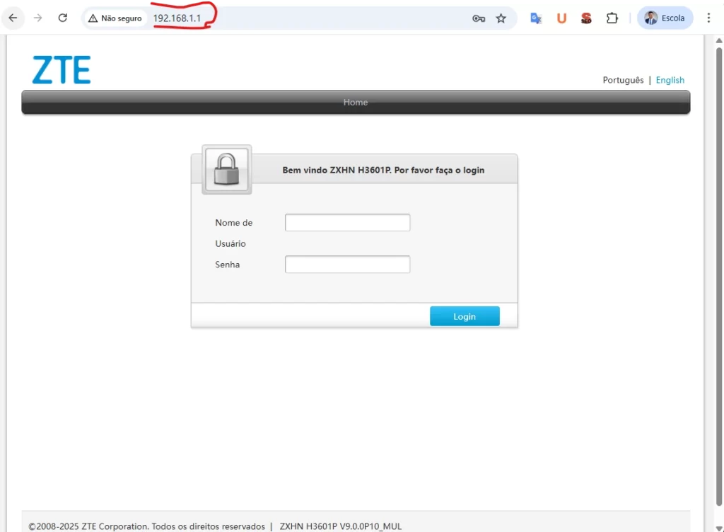 roubando wifi: tela de login do roteador ZTE com IP 192.168.1.1 destacado