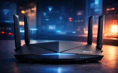Roteador Wi-Fi 6 moderno com design futurista sobre mesa, em ambiente tecnológico com luzes azul e laranja.
