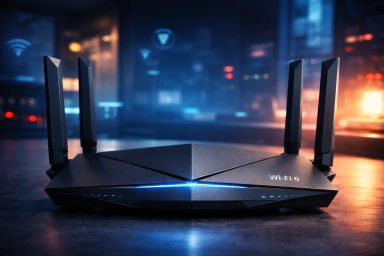 Roteador Wi-Fi 6 moderno com design futurista sobre mesa, em ambiente tecnológico com luzes azul e laranja.