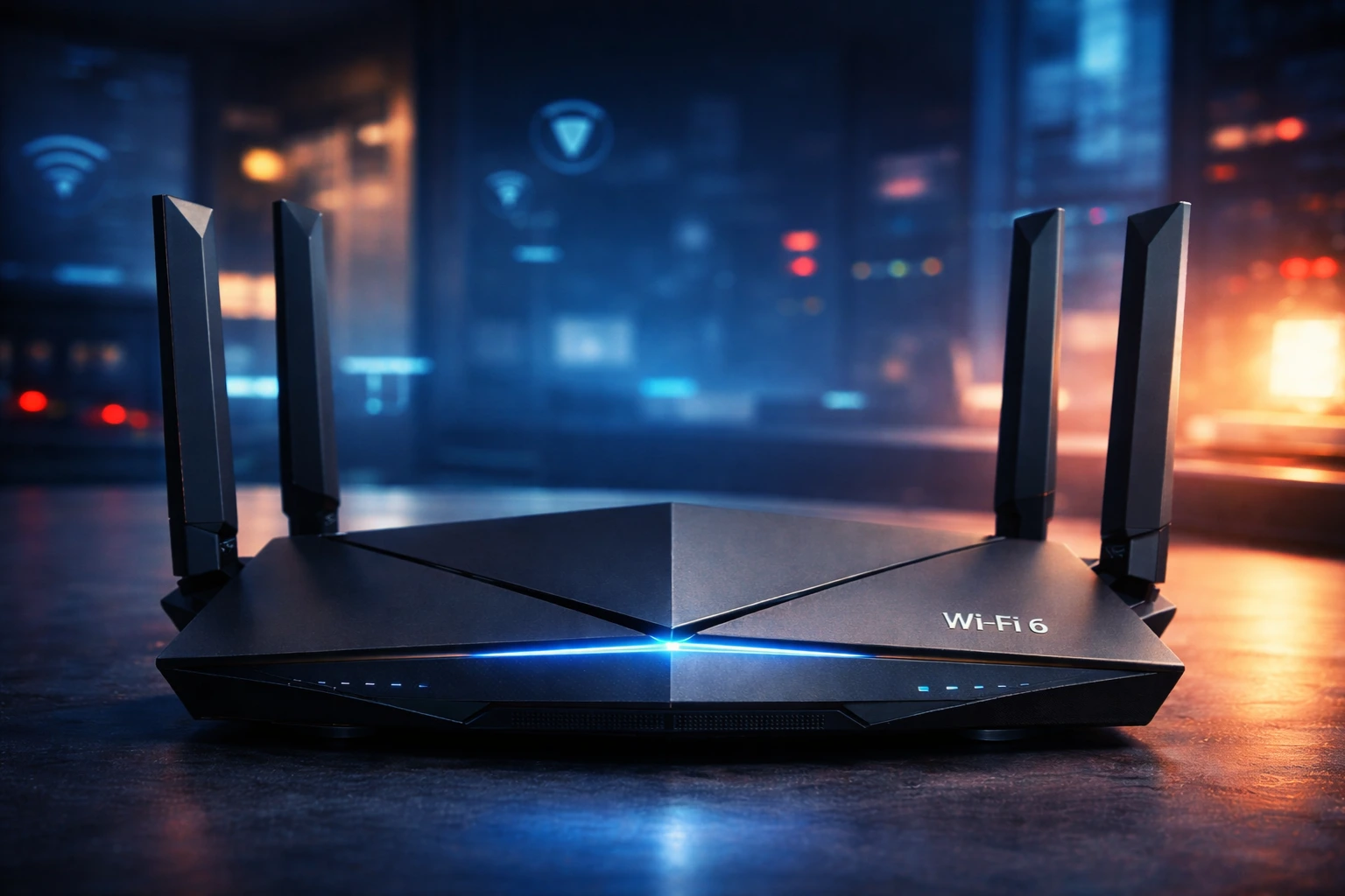 Roteador Wi-Fi 6 moderno com design futurista sobre mesa, em ambiente tecnológico com luzes azul e laranja.