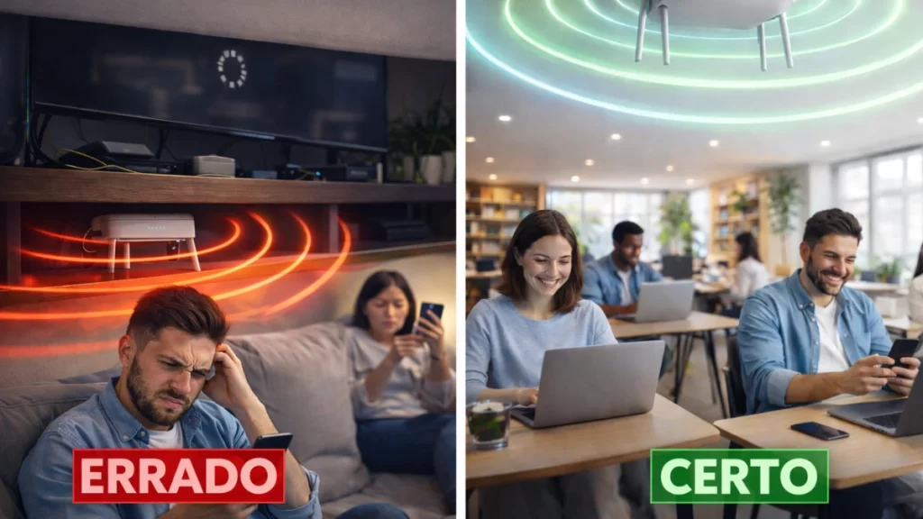 Homem frustrado com roteador mal posicionado e ambiente com roteador no teto transmitindo sinal ideal de Wi-Fi