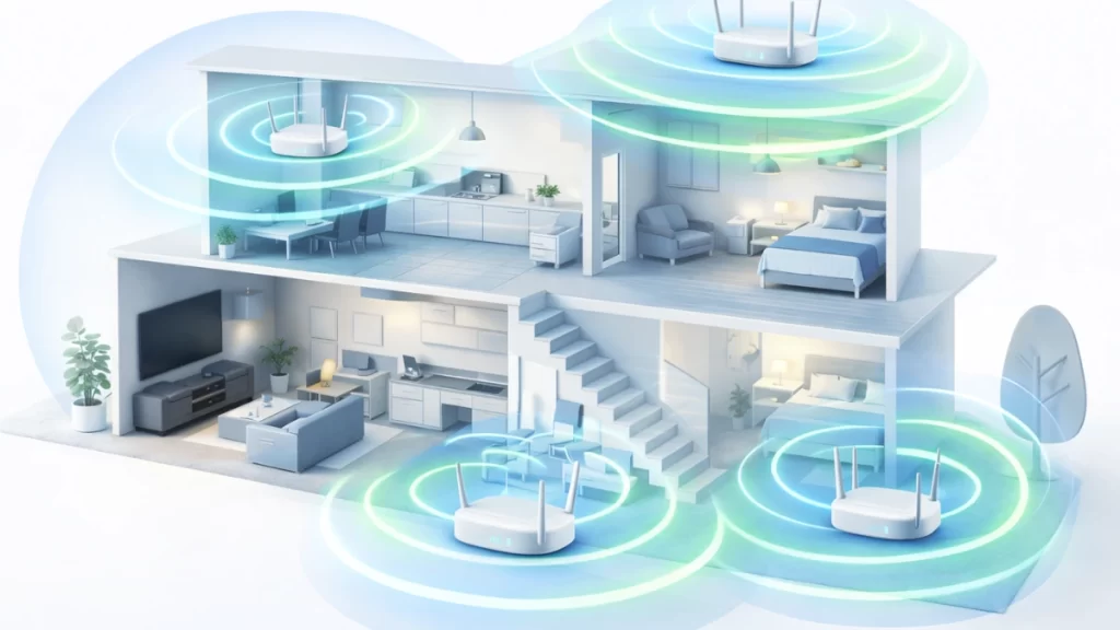 Rede Wi-Fi Mesh distribuída em uma casa de dois andares com sinal forte em todos os cômodos