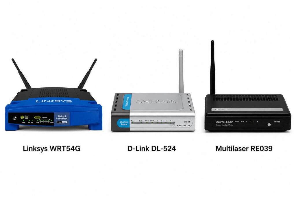 Roteadores antigos Linksys WRT54G, D-Link DL-524 e Multilaser RE039 usados em redes Wi-Fi domésticas