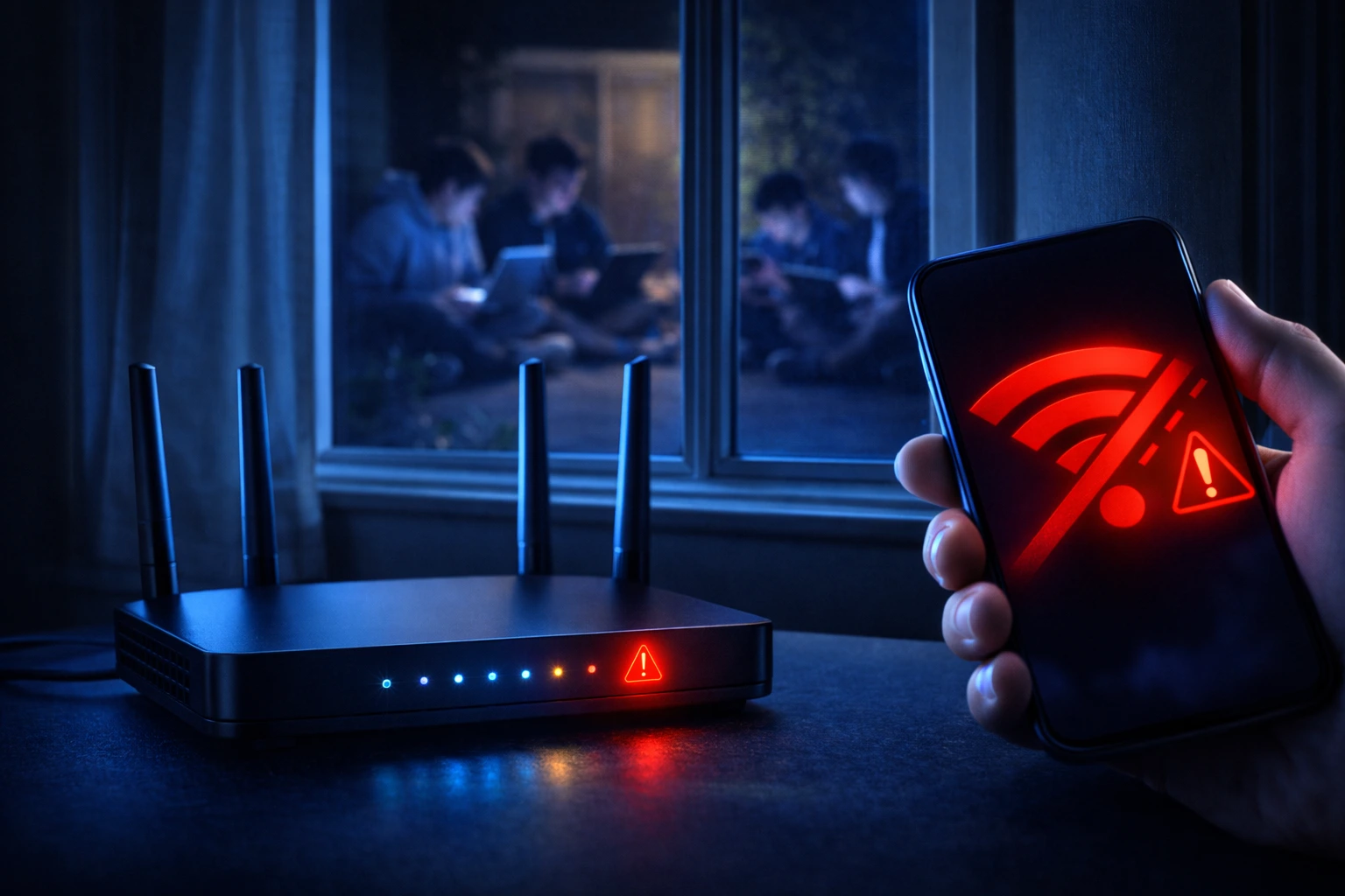 roubando wifi: roteador dentro de casa com alerta e jovens do lado de fora usando notebooks e celulares pela janela