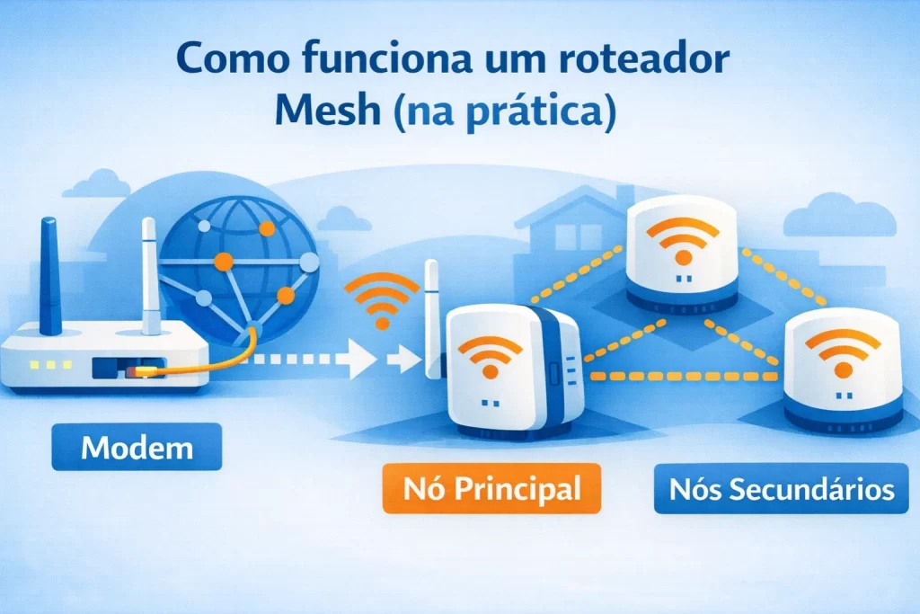 como funciona um roteador Mesh com nó principal e nós secundários conectados ao modem