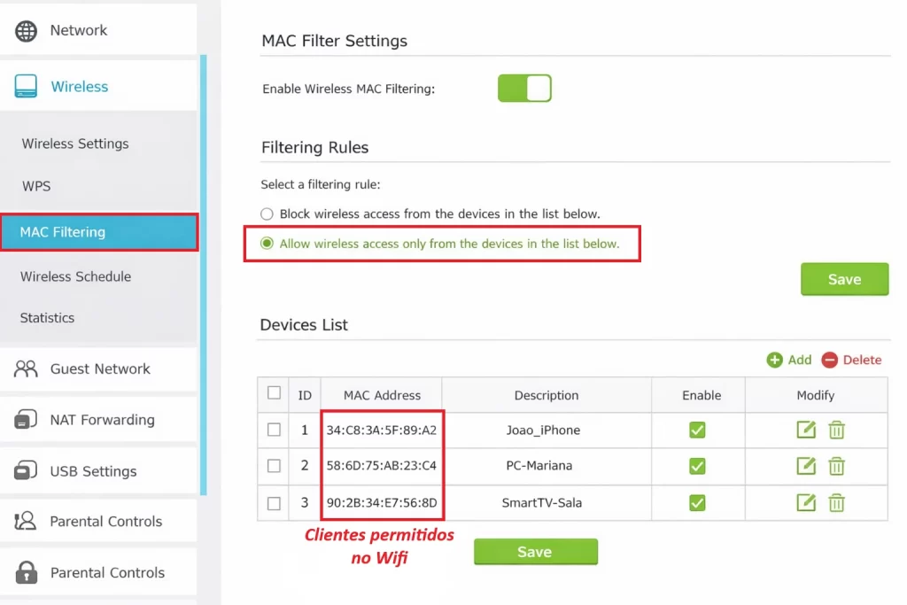 Tela de administração do roteador TP-Link mostrando as configurações de filtro MAC para permitir ou bloquear dispositivos Wi-Fi.