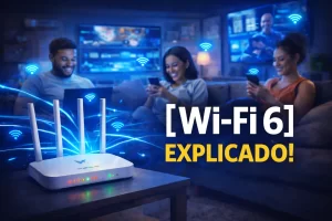 Pessoas conectadas com múltiplos dispositivos usando Wi-Fi 6 em uma casa moderna, com roteador em destaque e conexão estável.
