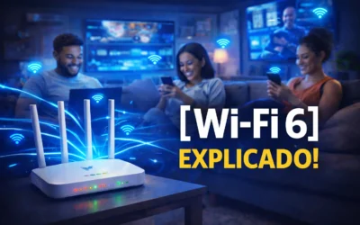 Pessoas conectadas com múltiplos dispositivos usando Wi-Fi 6 em uma casa moderna, com roteador em destaque e conexão estável.